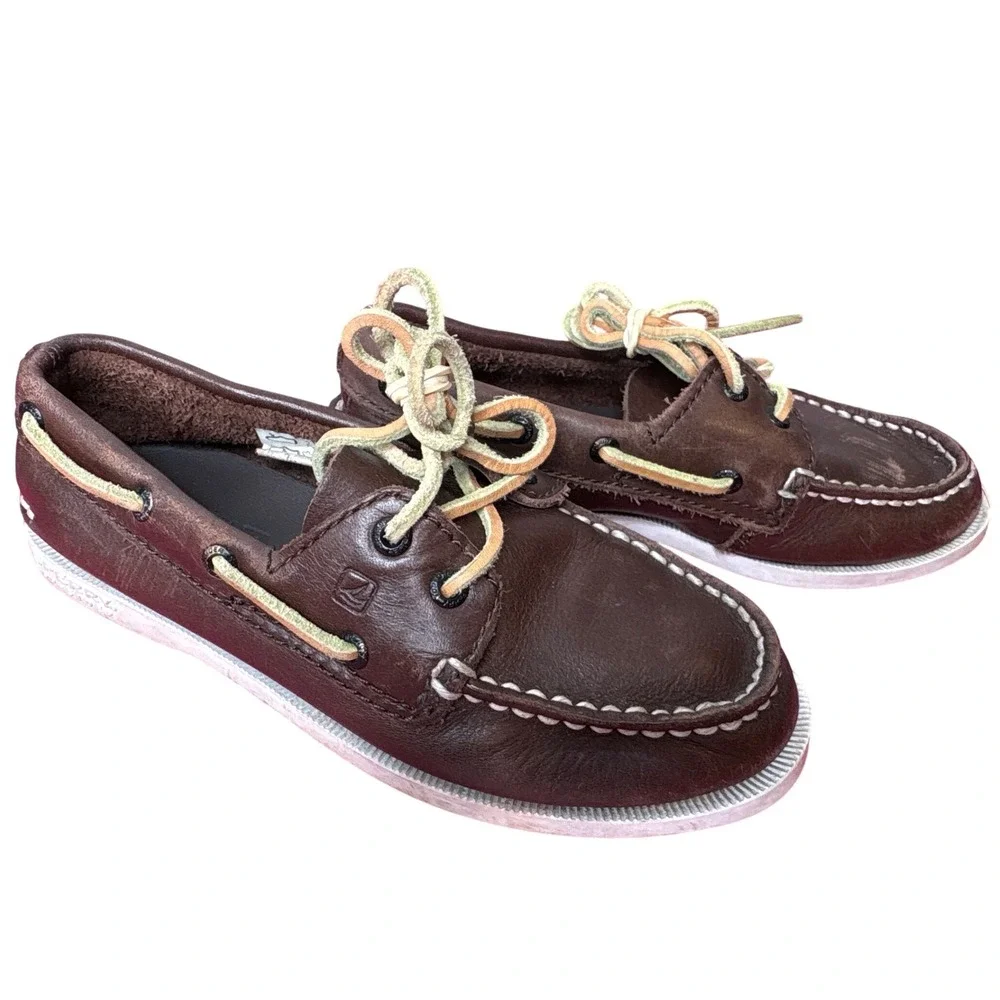 Sperry Boys Authentic Original Brown Leather Boat Shoes 12.5M Preppy Nautical